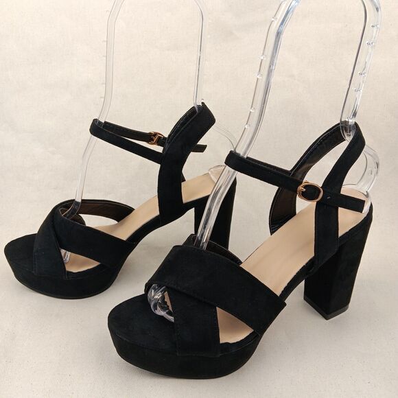 Platform Heels With Ankle Strap Black Faux Suede Women's Size 7.5 - Picture 4 of 7